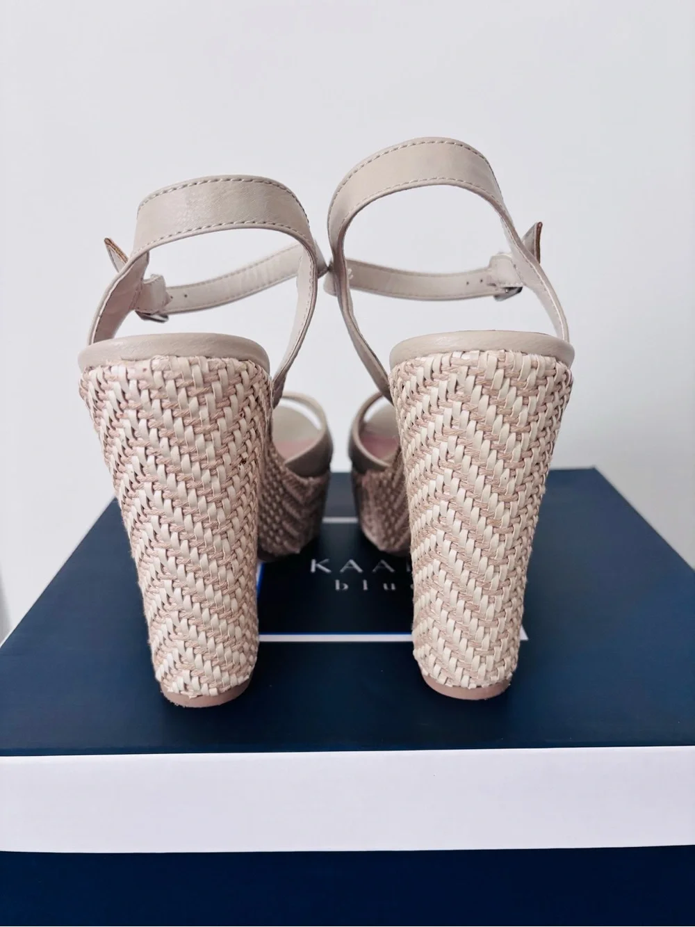 Kaari Blue Beige Woven Platform Sandals with Ankle Strap